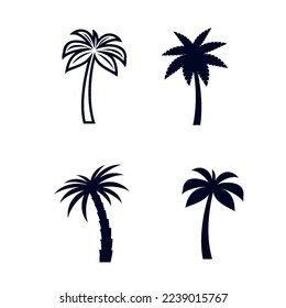 Set of African Rainforest Coconut Trees or Tropical Palm Trees on White. Simple Black Silhouette For Web Banners, Posters, Cards, and Wallpapers.