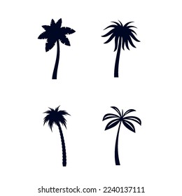 Set of African Rainforest Coconut Trees or Tropical Palm Trees on White Background. Simple Black Silhouette For Web Banners, Posters, Cards, and Wallpapers.