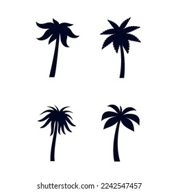 Set of African Rainforest Coconut Trees or Tropical Palm Trees on White. Simple Black Silhouette for Eco Floral Logotype Emblem in Retro Art, or Travel Logo Design