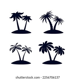 Set of African Rainforest Coconut Trees or Tropical Palm Trees. Simple Black Silhouette for Eco Floral Logotype Emblem in Retro Art, or Travel Logo Design on White Backdrop