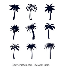 Set von afrikanischen Regenwald-Kokospalmen oder tropischen Palmen auf weißem Hintergrund. Einfache Schwarze Silhouette für Poster, Banner und Werbeartikel