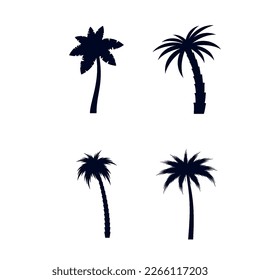 Conjunto de cocoteros de selva tropical africana o palmeras tropicales en fondo blanco. Silueta negra simple para impresiones de camisetas. Elemento de naturaleza tropical