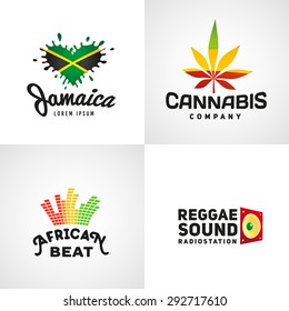 Set of african rasta beat vector logo designs. Jamaica reggae music template. Colorful cannabis company concept