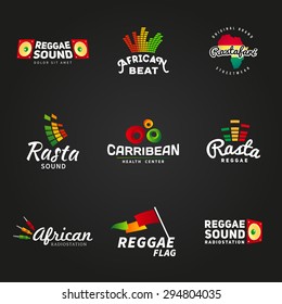 Set of african rastafari sound vector logo designs. Jamaica reggae music template. Colorful dub concept on dark background.