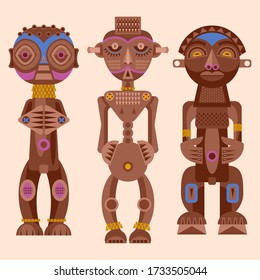 Set of African ritual wooden sculptures. Vector illustration 