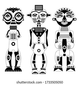 Set of African ritual wooden sculptures. Black and white. Vector illustration 