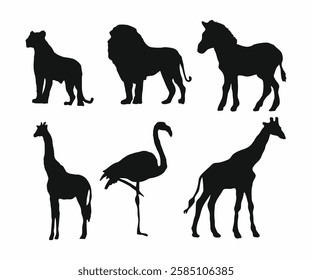 A set of african safari animal black silhouettes, including a giraffe, a lion, a zebra, a flamingo, a tiger, and a giraffe. Hand drawn flat vector illustrations isolated on white background