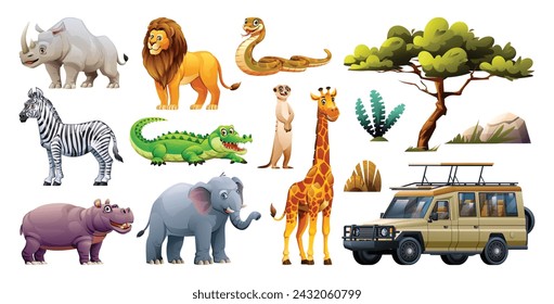 Set of african safari animals and elements. Vector cartoon illustration