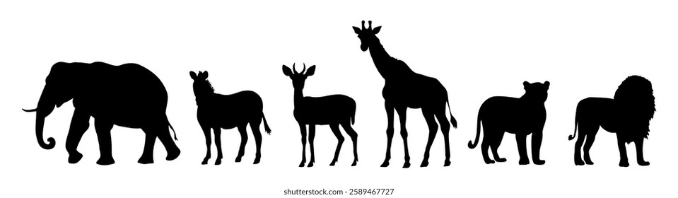 Set of african safari animals including a giraffe, elephant, and lion are shown in silhouette. Flat vector illustrations isolated on white background