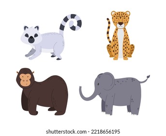 Set African Safari Animals Lemur, Cheetah, Gorilla and Elephant Design Elements for Kids Isolated on White Background. Tropical Wildlife Creatures in Cute Childish Style. Cartoon Vector Illustration