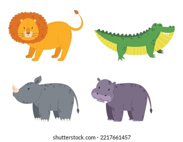 Set of African Safari Animals Lion, Crocodile, Rhinoceros, Hippo Isolated on White Background. Tropical Wildlife Creatures in Cute Childish Style. Design Elements for Kids. Cartoon Vector Illustration