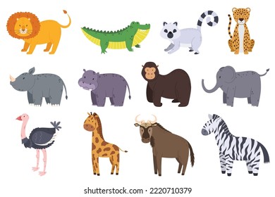 Set of African Safari Animals Lion, Crocodile, Lemur and Cheetah. Rhinoceros, Hippo, Gorilla and Elephant. Ostrich, Giraffe, Buffalo and Zebra Isolated on White Background. Cartoon Vector Illustration