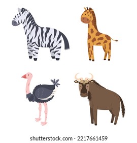 Set of African Safari Animals Ostrich, Giraffe, Buffalo and Zebra Isolated on White Background. Savannah Mammal National Park or Zoo Fauna Creatures, Wild Jungle Animals. Cartoon Vector Illustration