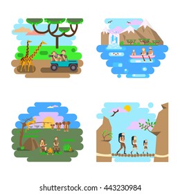 Set of African safari concept with people and animals in modern flat design. African illustration isolated on white background. Vector eps10. Eco tourism travel