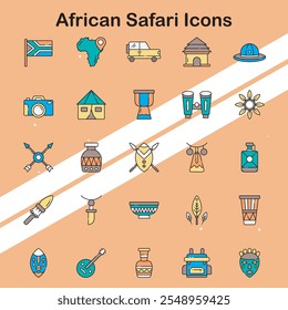 Set of African safari icons showcasing various animals and outdoor adventures ideal for tourism and wildlife designs.