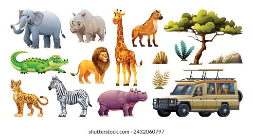 Set of african safari wild animals and elements. Vector cartoon illustration