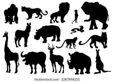 Set of African savannah wild animals silhouettes. Vector graphics.