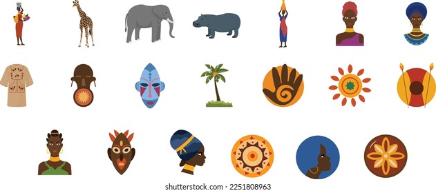 Set African stickers traditional hut with straw roof, baobab shield with spear, tribal mask, drum in cartoon style isolated on white background. Safari tribal collection, rural desert building svg