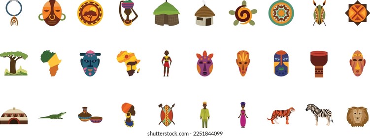 Set African stickers traditional hut with straw roof, baobab shield with spear, tribal mask, drum in cartoon style isolated on white background. Safari tribal collection, rural desert building