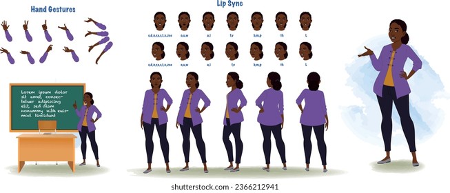 Set of african teacher character design. Character Model sheet. Front, side, back view animated character. Teacher character creation set with various views, poses and gestures. Cartoon style, flat ve svg