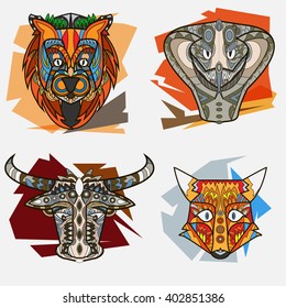 Set african totem multicolor animal vector illustration.