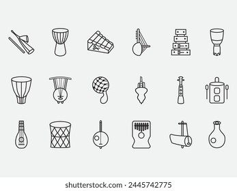 conjunto de instrumentos musicales tradicionales africanos contorno icono diseño aislado sobre fondo blanco 