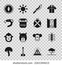 Set African tree, Centipede insect, Waterfall, Machete, Hiking backpack, Snake, Compass and Canteen water bottle icon. Vector