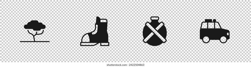 Set African tree, Hunter boots, Canteen water bottle and Car icon. Vector