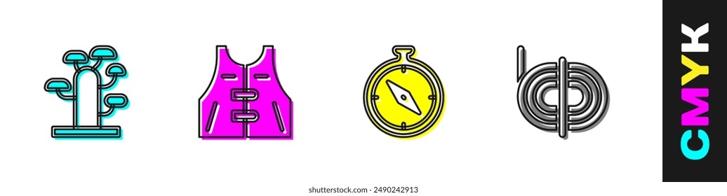 Set African tree, Hunting jacket, Compass and Climber rope icon. Vector