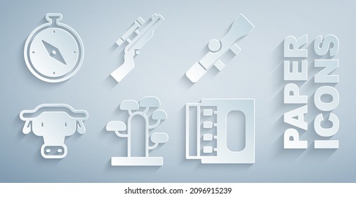 Set African tree, Sniper optical sight, buffalo head, Matchbox and matches, rifle with scope and Compass icon. Vector