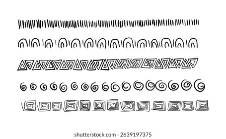 Set african tribal border hand drawn doodle. traditional decor design. tribal, african, indian hand drawn lines. boho scandinavian stroke