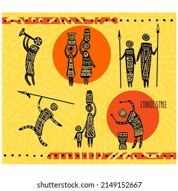 Set of African tribal drawings with hunter, woman with jug, musicians, mother with child. Collection of ethnic ornaments. Vector illustration EPS8