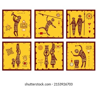 Set of African tribal drawings with hunter, woman with jug, musicians, mother with child. Collection of ethnic ornaments. Vector illustration EPS8