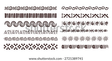 Set african tribal ethnic border, divider doodle hand drawn from geometrical shapes isolated. Boho motif scandinavian srtoke, traditional native decor.