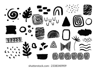 Set african tribal ethnic shapes elements in doodle style isoated on white background. Brush ornaments native sign.