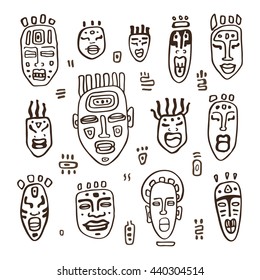 Set of African Tribal  mask on white background. Vector illustration isolated on white background. 
