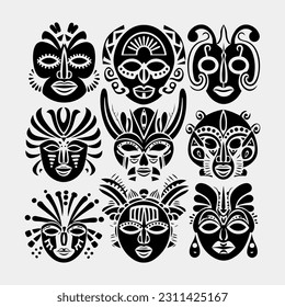 Set of african tribal masks. Collection of different indian, aztec mask on white background svg