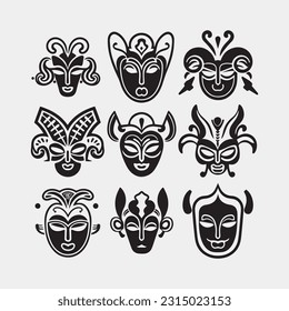 Set of african tribal masks. Collection of different indian, aztec mask on white background