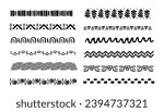 Set african tribal motive border in doodle hand drawn style from geometrical shapes isolated on white background. boho scandinavian srtoke, traditional native decor.