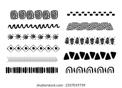 Set african tribal motive border in doodle hand drawn style from geometrical shapes isolated on white background. boho scandinavian srtoke, traditional native decor.