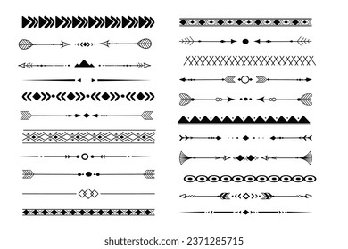Set african tribal motive border in doodle hand drawn style from geometrical shapes isolated on white background. boho scandinavian srtoke, traditional native decor.