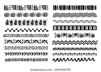 Set african tribal motive border in doodle hand drawn style from geometrical shapes isolated on white background. boho scandinavian srtoke, traditional native decor.