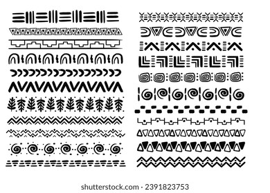 Set african tribal motive border in doodle hand drawn style from geometrical shapes isolated on white background. boho scandinavian srtoke, traditional native decor.