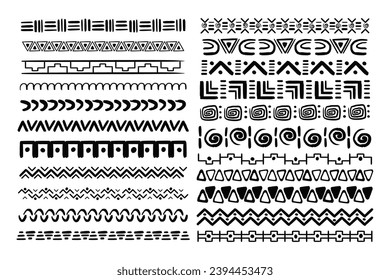 Set african tribal motive border in doodle hand drawn style from geometrical shapes isolated on white background. boho scandinavian srtoke, traditional native decor.