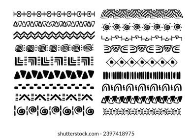Set african tribal motive border in doodle hand drawn style from geometrical shapes isolated on white background. boho scandinavian srtoke, traditional native decor.