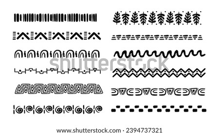 Set african tribal motive border in doodle hand drawn style from geometrical shapes isolated on white background. boho scandinavian srtoke, traditional native decor. ストックフォト © 