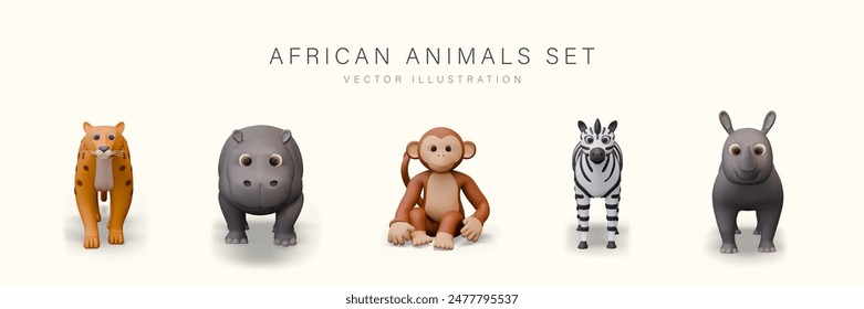 Set of African wild animals, front view. Funny characters in cartoon style