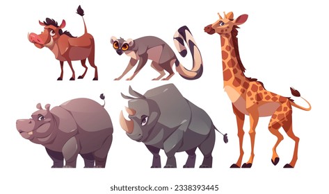 Set of African wild animals isolated on white background. Vector cartoon illustration of giraffe, hippo, rhino, lemur, warthog characters standing or walking. Cute zoo or safari park inhabitants