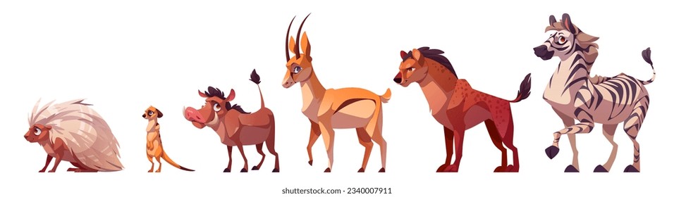 Conjunto de animales salvajes africanos aislados en un fondo blanco. Dibujo vectorial de cebra, porcupina, antílope, meerkat, hiena, personajes de guerra de pie. Zoológico o parque de safari