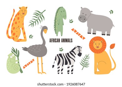 Set of African wild animals. Such as leopard, crocodile, hippo, ostrich, zebra, chameleon, lion. Vector illustration.